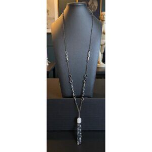 Silver-Tone Chain Necklace Crystal Beaded Tassel White House Black Market -241